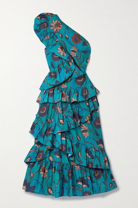 ULLA JOHNSON Ondine One-Shoulder Ruffle Dress Color Lagoon