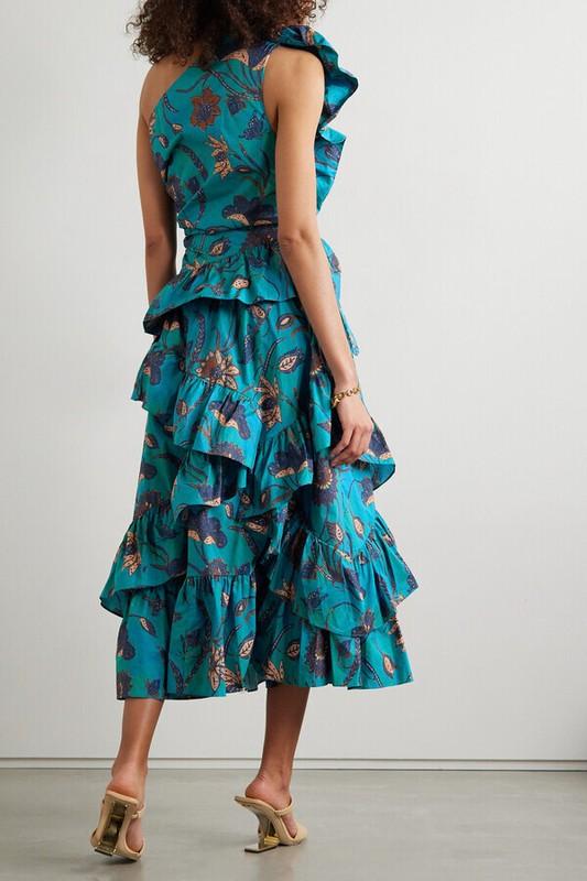 ULLA JOHNSON Ondine One-Shoulder Ruffle Dress Color Lagoon