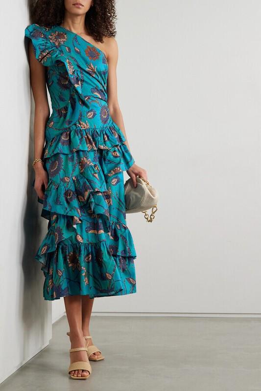 ULLA JOHNSON Ondine One-Shoulder Ruffle Dress Color Lagoon