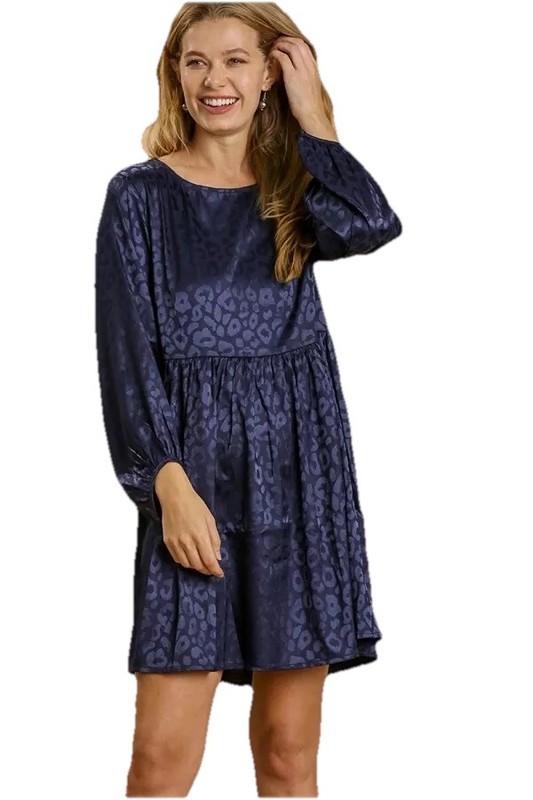 Umgee Animal Print Jacquard Long Sleeve Mini Dress Size Small In Navy