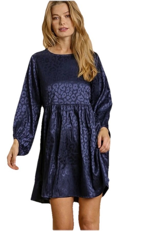 Umgee Animal Print Jacquard Long Sleeve Mini Dress Size Small In Navy