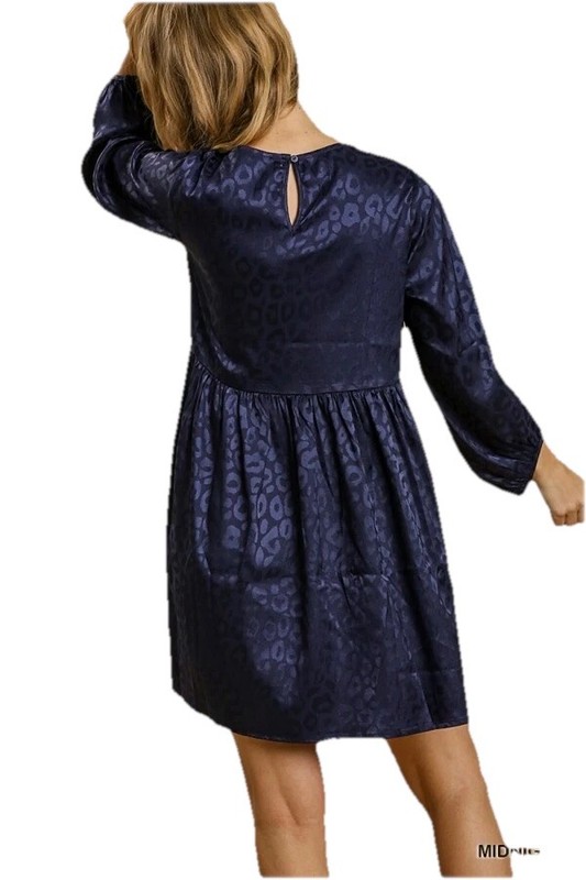 Umgee Animal Print Jacquard Long Sleeve Mini Dress Size Small In Navy