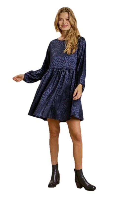 Umgee Animal Print Jacquard Long Sleeve Mini Dress Size Small in Navy