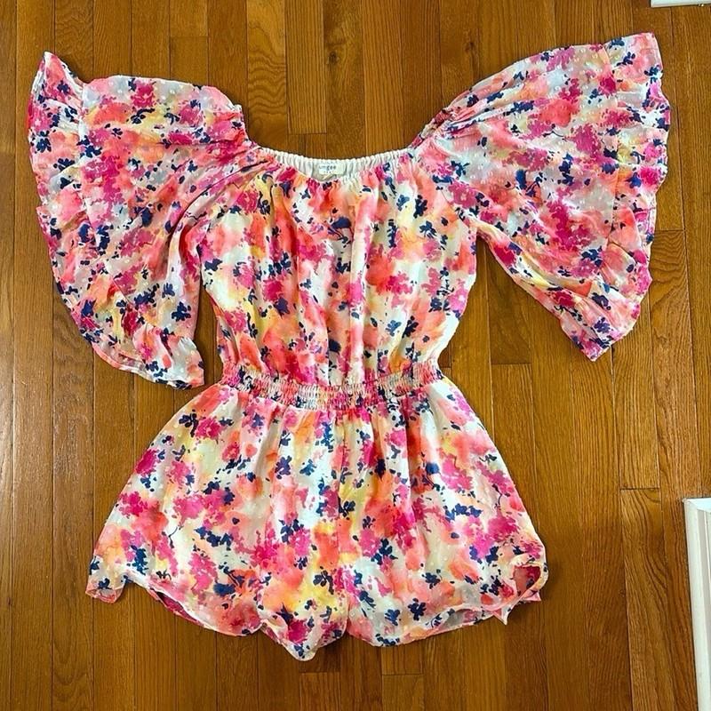 Umgee Boho Floral Bell Sleeve Sheer Romper Size Small Oversized Hippie