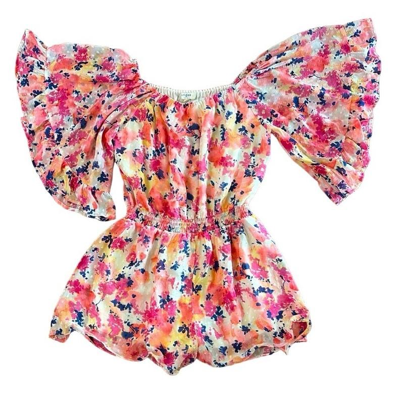 Umgee Boho Floral Bell Sleeve Sheer Romper Size Small Oversized Hippie