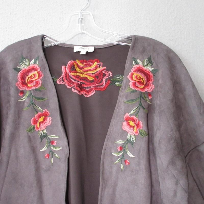 Umgee Jacket Women Medium Floral Embroidered Faux Suede Brown Boho Cuff Sleeve