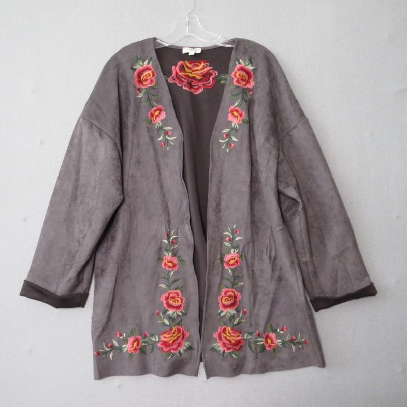 Umgee Jacket Women Medium Floral Embroidered Faux Suede Brown Boho Cuff Sleeve