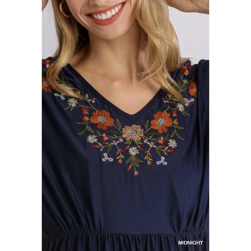 UMGEE Navy Floral Embroidered V-Neck Tiered Ruffle Boho Babydoll Dress Size S