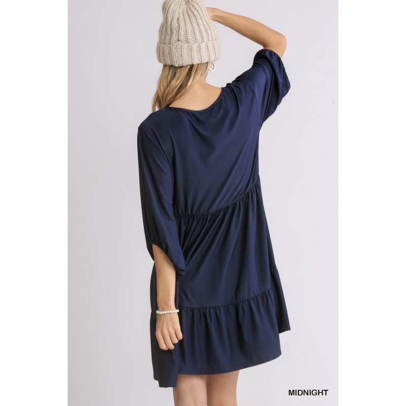 UMGEE Navy Floral Embroidered V-Neck Tiered Ruffle Boho Babydoll Dress Size S