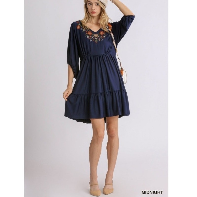 UMGEE Navy Floral Embroidered V-Neck Tiered Ruffle Boho Babydoll Dress Size S