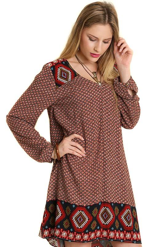 UMGEE Womens Chocolate Brown Boho Pheasent Bohemian Chic Long Sleeve Dress S M L