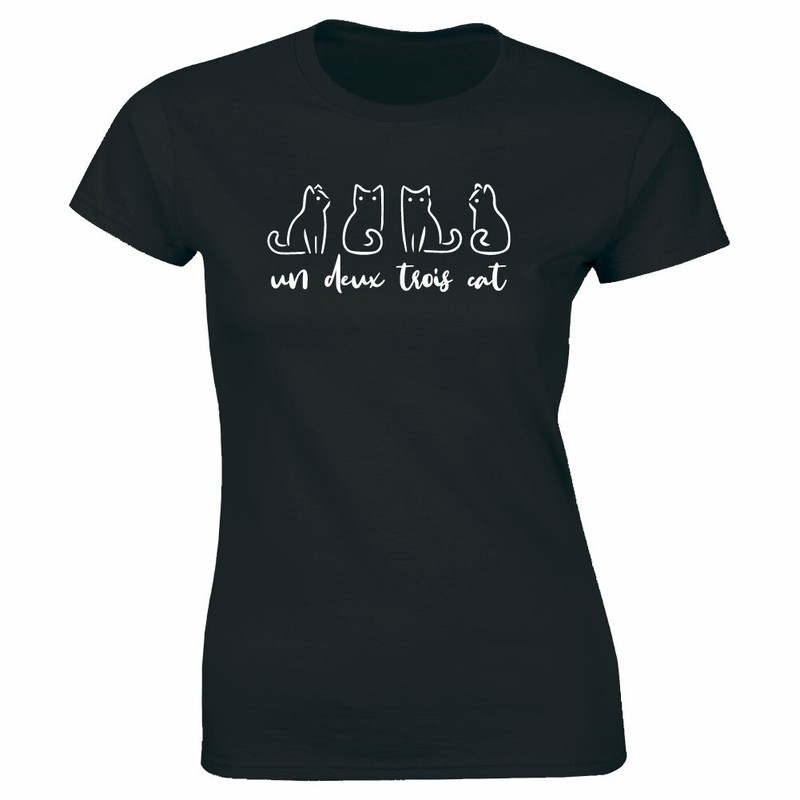Un Deux Trois Cat Short Sleeve Black T-Shirt for Women Funny Tee Shirt