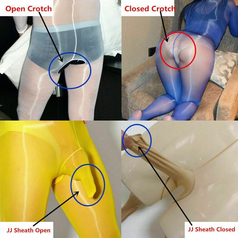 Unisex 1D High Glossy Shiny Bodysuit Transparent Silky Bodystocking With Gloves