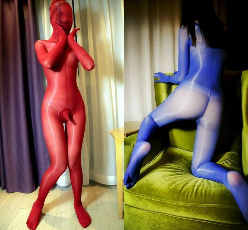 Unisex Oil Shiny Bodysuit Full Bodystocking Wt 5 Toes Gloves Hose TOP Hood Mask