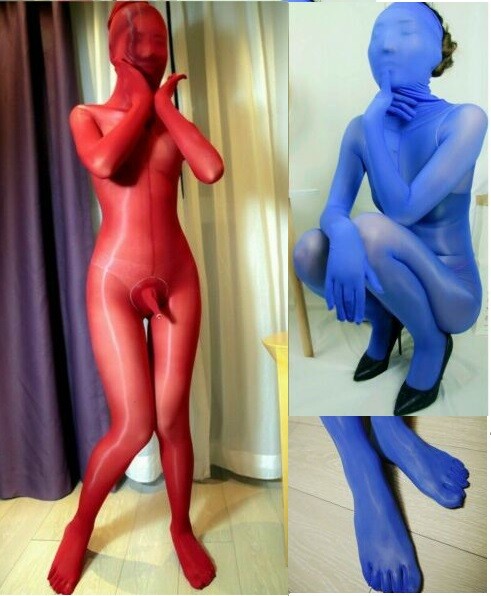 Unisex Oil Shiny Bodysuit Full Bodystocking Wt 5 Toes Gloves Hose TOP Hood Mask