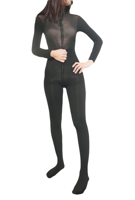 Unisex Plus Size High Collar Velvet Bodystocking Front Zipper Bodysuit Catsuit