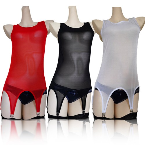 Unisex Women Men Sheer Bodysuit Mesh Vest W/ 6 Straps Garter Belt Sexy Lingerie