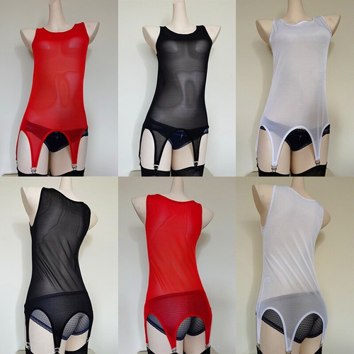 Unisex Women Men Sheer Bodysuit Mesh Vest W/ 6 Straps Garter Belt Sexy Lingerie
