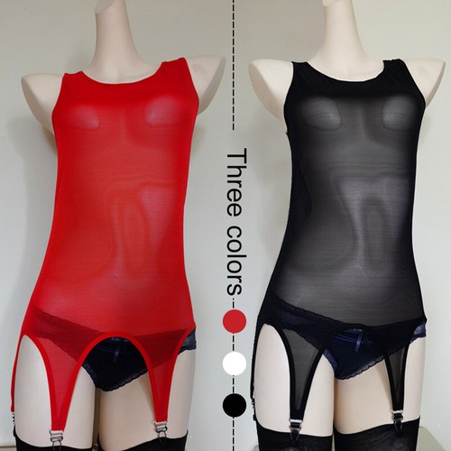 Unisex Women Men Sheer Bodysuit Mesh Vest W/ 6 Straps Garter Belt Sexy Lingerie