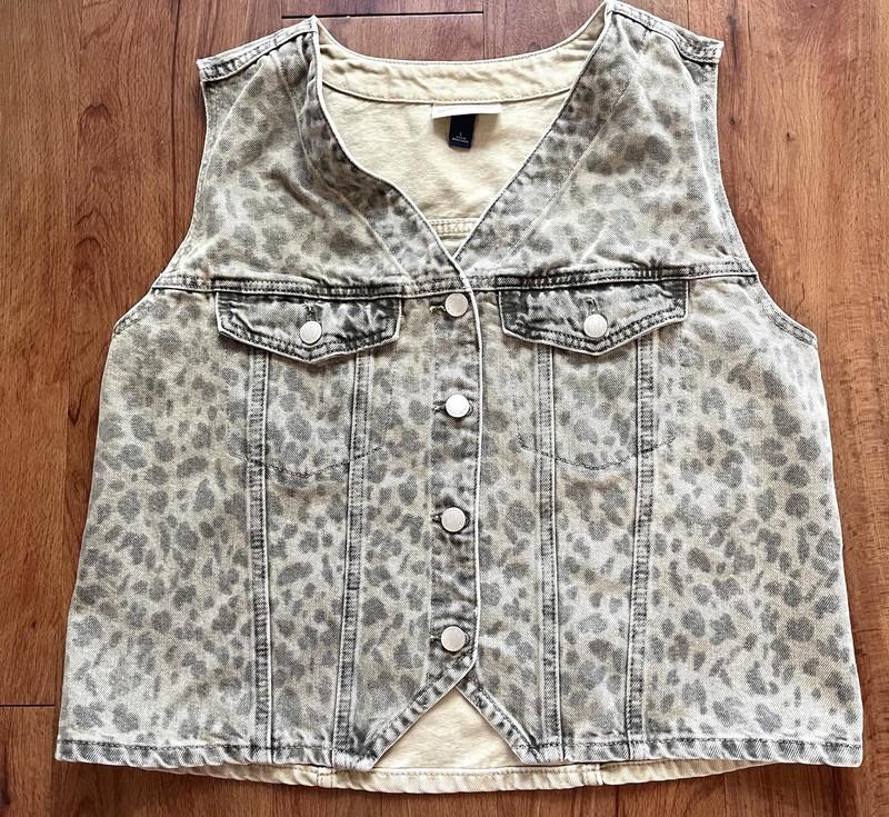 Universal Thread Jean Denim Vest Leopard Print Boho Retro - Size L