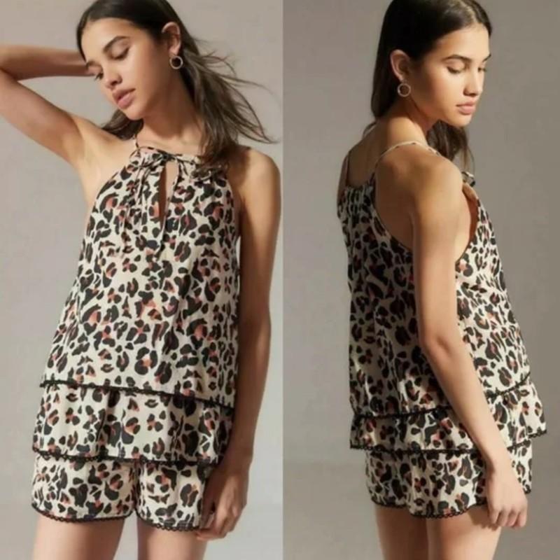 Urban Outfitters Leopard print Ruffle Layered Tiered Halter Romper Size Med