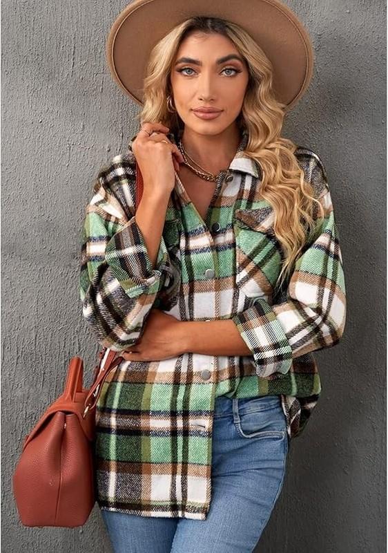 US Women Fall Plaid Flannel Shacket Blouse Jacket Oversized Long Sleeve Shirt