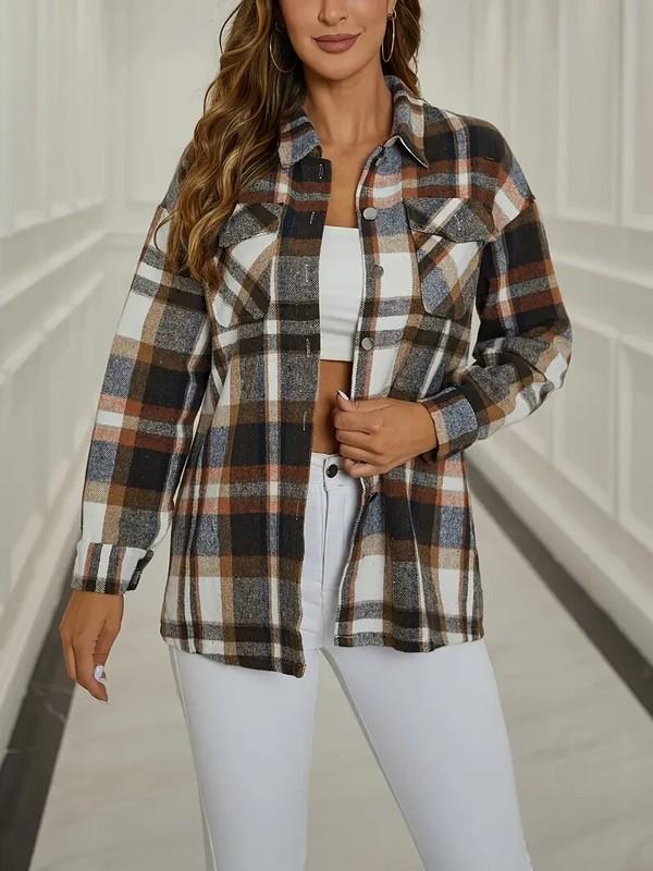 US Women Fall Plaid Flannel Shacket Blouse Jacket Oversized Long Sleeve Shirt