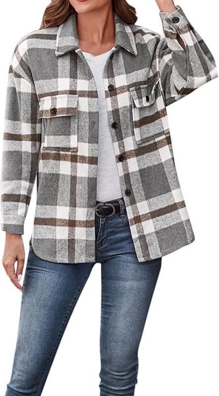 US Women Fall Plaid Flannel Shacket Blouse Jacket Oversized Long Sleeve Shirt