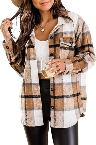 US Women Fall Plaid Flannel Shacket Blouse Jacket Oversized Long Sleeve Shirt
