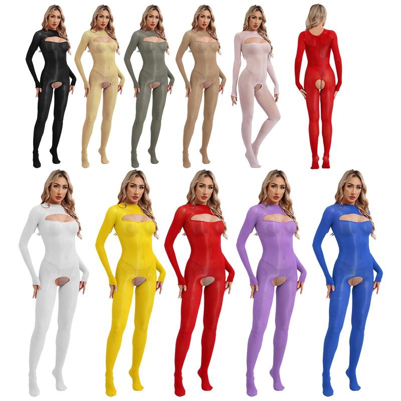 US~ Women's Oily Glossy Bodystocking Sheer Bodysuit Crotchless Full Body Catsuit