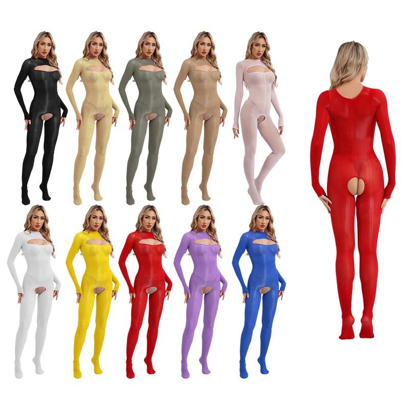 US~ Women's Oily Glossy Bodystocking Sheer Bodysuit Crotchless Full Body Catsuit