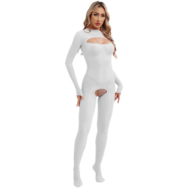 US~ Women's Oily Glossy Bodystocking Sheer Bodysuit Crotchless Full Body Catsuit