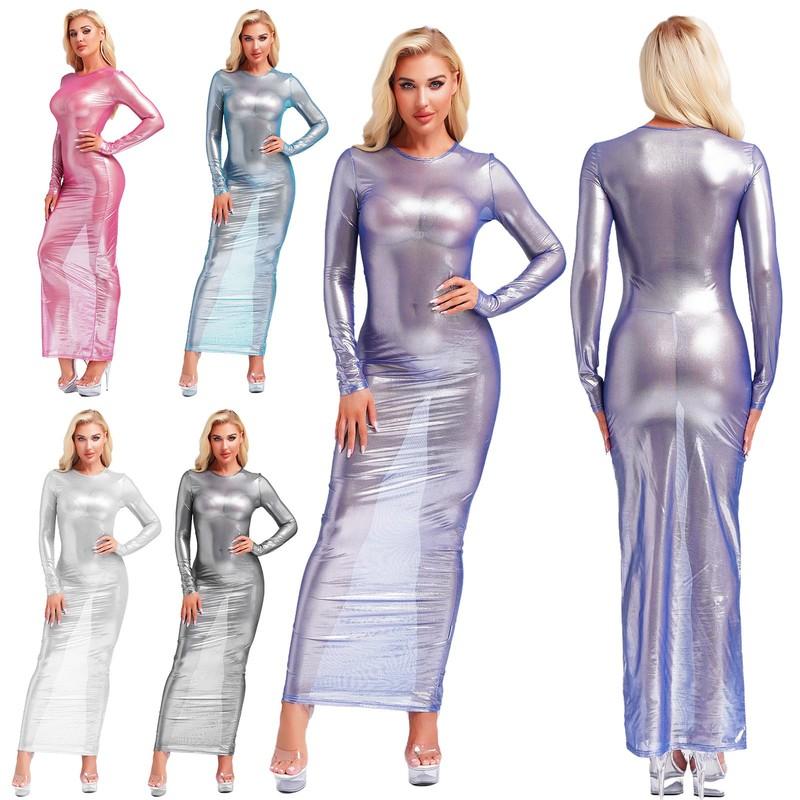 US Women's Sexy See Through Metallic Shiny Long Sleeve Bodycon Dress Clubwear