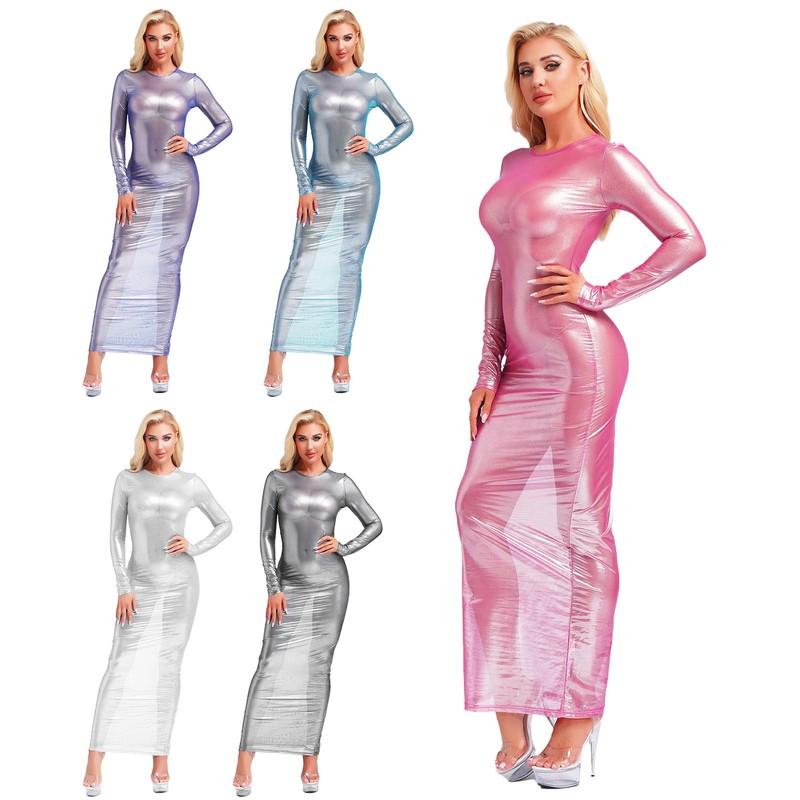 US Women's Sexy See Through Metallic Shiny Long Sleeve Bodycon Dress Clubwear