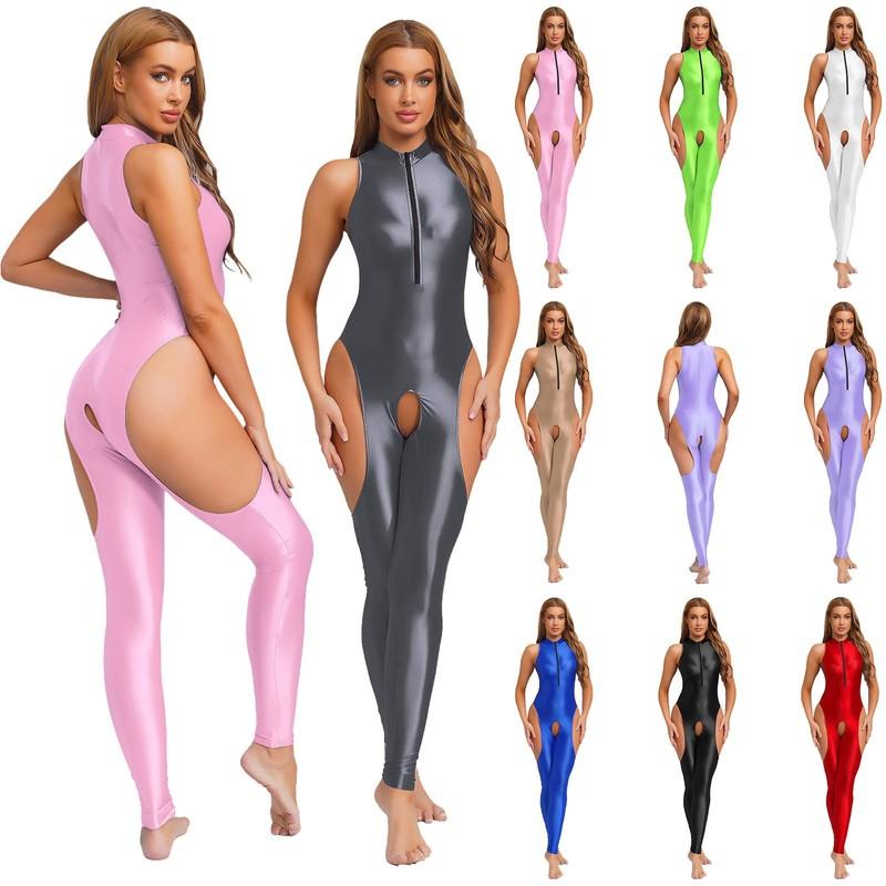 US Womens Glossy Shiny Open Crotch Bodystocking Cut Out Zipper Bodysuit Jumpsuit