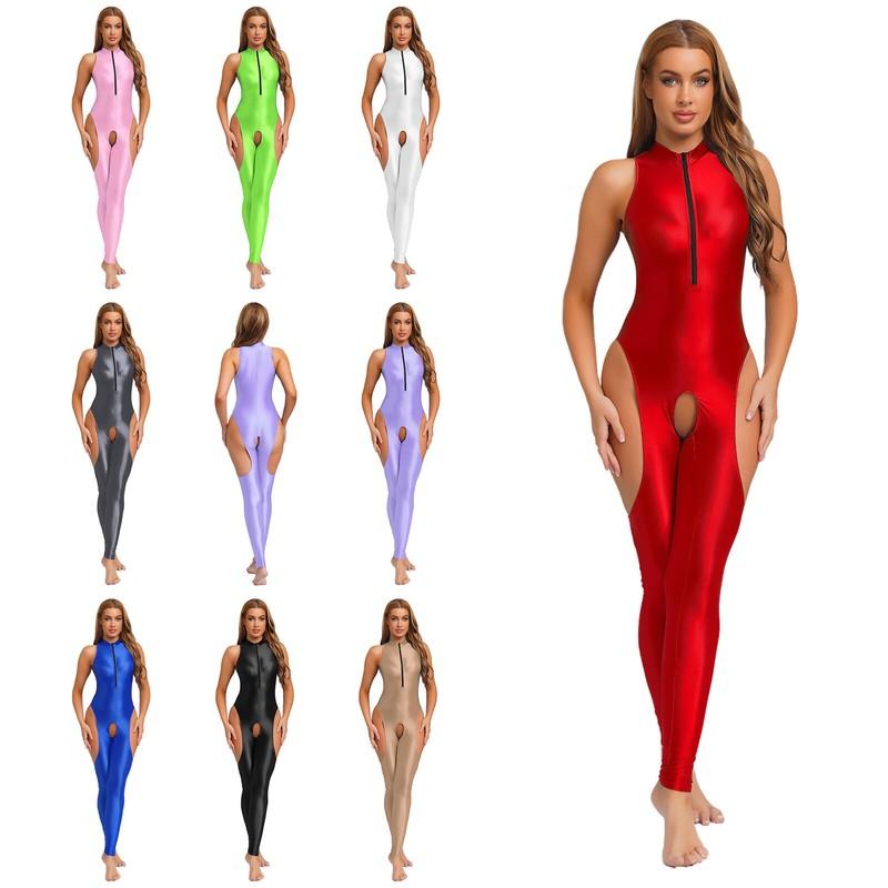 US Womens Glossy Shiny Open Crotch Bodystocking Cut Out Zipper Bodysuit Jumpsuit