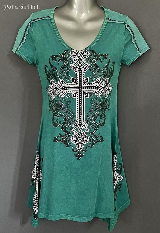 USA New VOCAL Womens CRYSTAL EMBELLISHED GREEN WHITE CROSS SHIRT TUNIC S M L Y2K