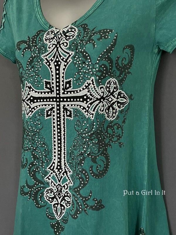 USA New VOCAL Womens CRYSTAL EMBELLISHED GREEN WHITE CROSS SHIRT TUNIC S M L Y2K