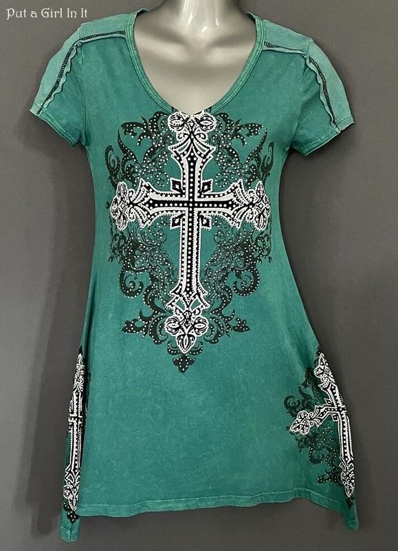 USA New VOCAL Womens CRYSTAL EMBELLISHED GREEN WHITE CROSS SHIRT TUNIC S M L Y2K