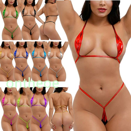 USWomen Micro Bikini Set Shiny Bra Top G-String Thong Lingerie Swimsuit Swimwear