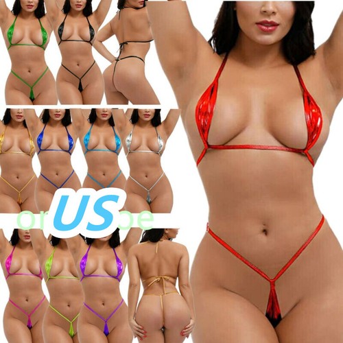 USWomen Micro Bikini Set Shiny Bra Top G-String Thong Lingerie Swimsuit Swimwear
