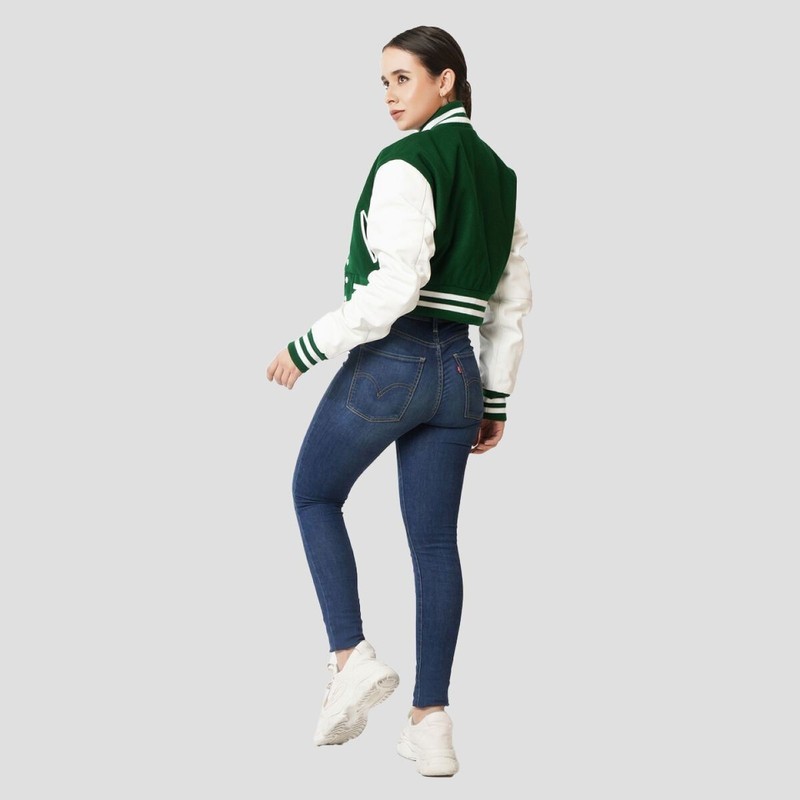 Varsity Women Crop Top Letterman Bomber Jacket Genuine Leather Sleeves Wool Body