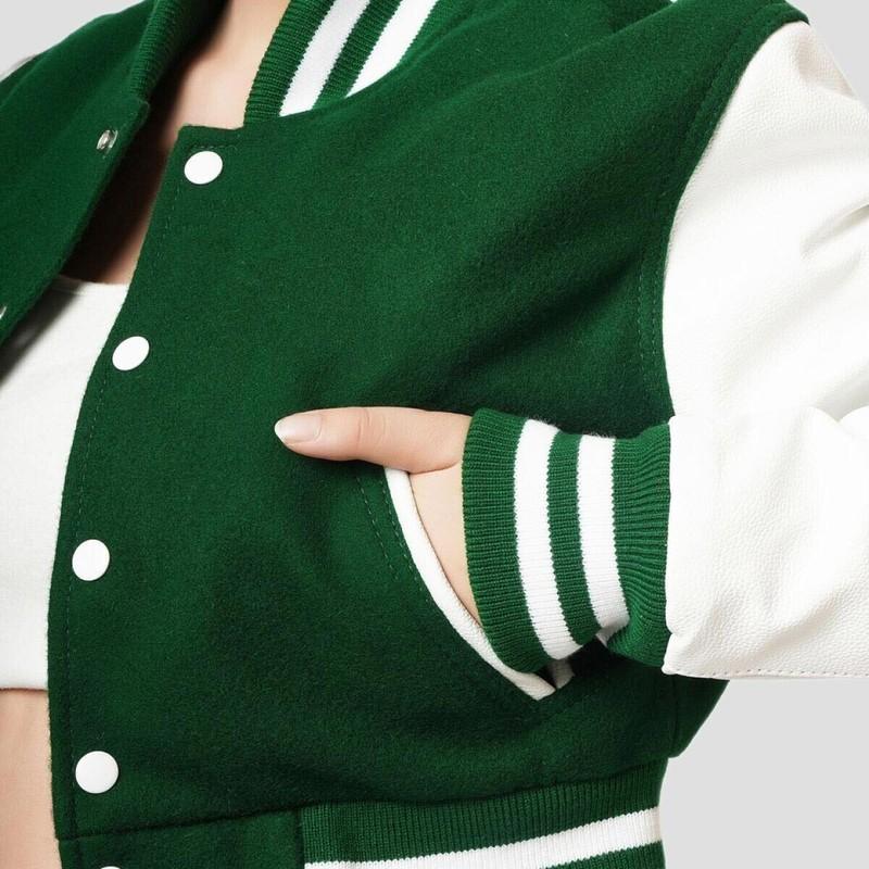 Varsity Women Crop Top Letterman Bomber Jacket Genuine Leather Sleeves Wool Body