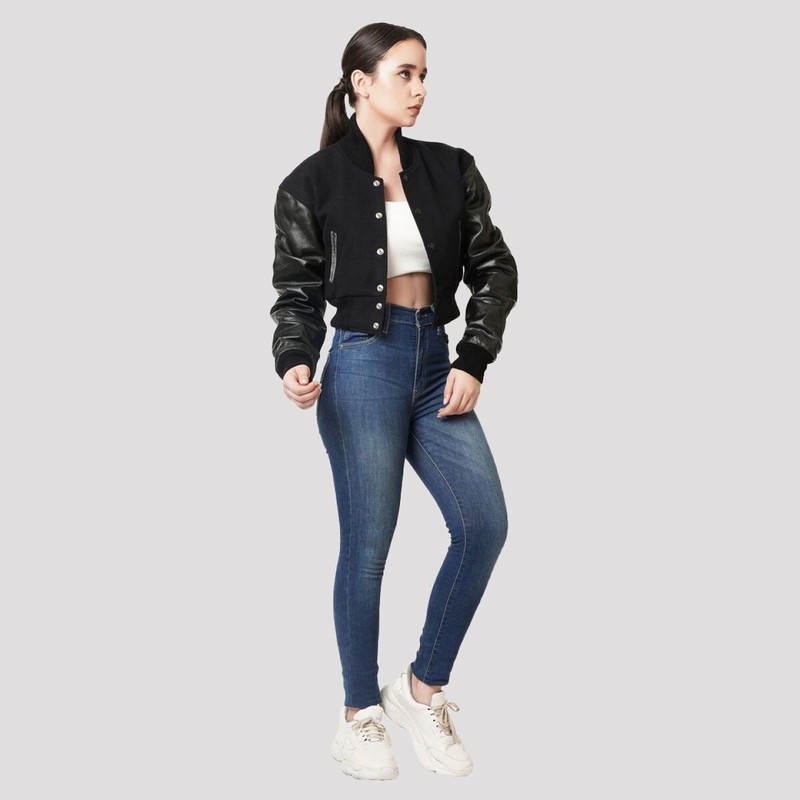 Varsity Women Crop Top Letterman Bomber Jacket Genuine Leather Sleeves Wool Body