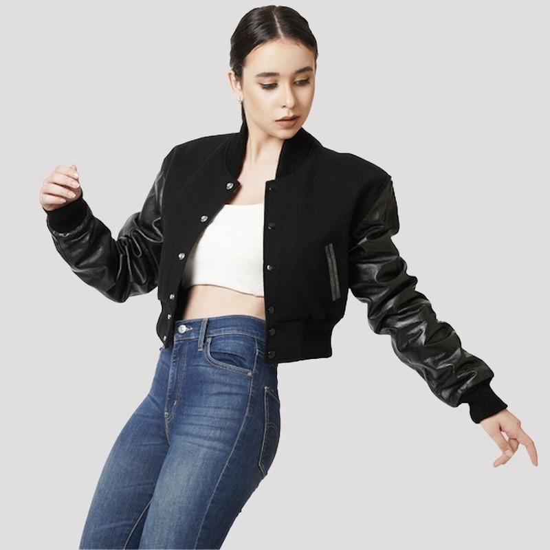 Varsity Women Crop Top Letterman Bomber Jacket Genuine Leather Sleeves Wool Body