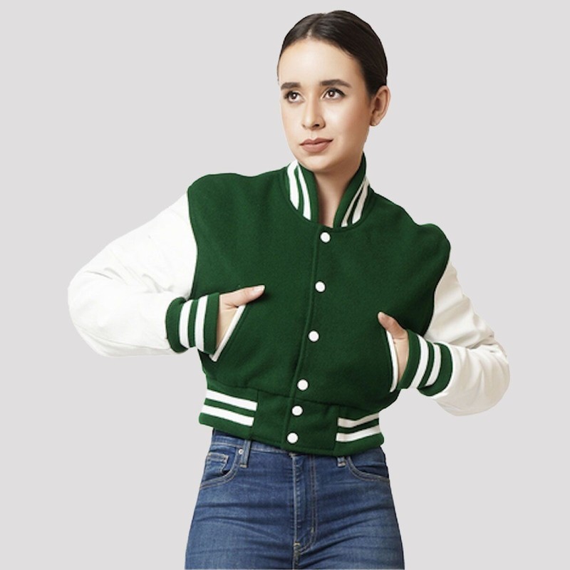 Varsity Women Crop Top Letterman Bomber Jacket Genuine Leather Sleeves Wool Body