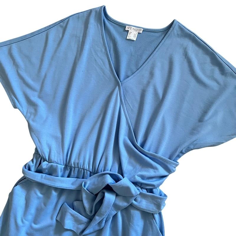 Venus Jogger Jumpsuit W Pockets Medium Blue Belted V-Neck Surplice Dolman Casual