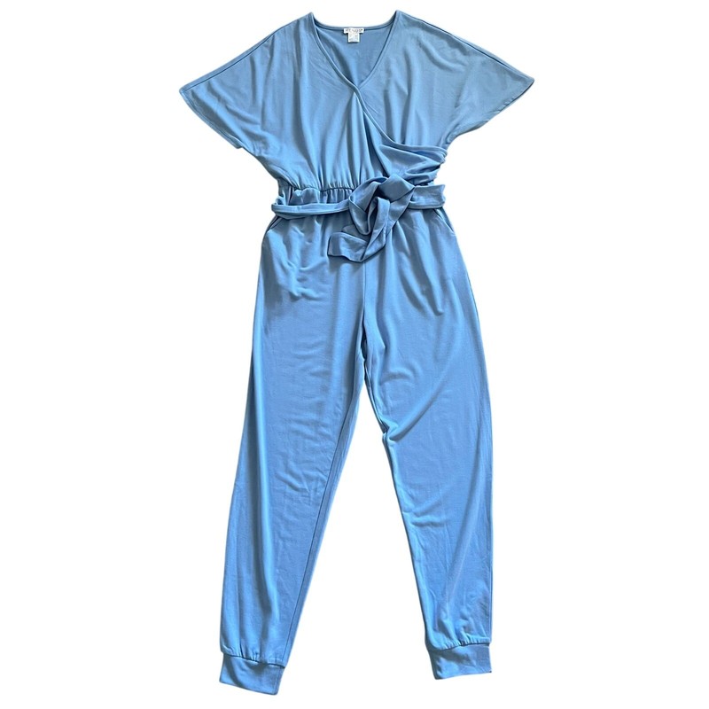 Venus Jogger Jumpsuit w Pockets Medium Blue Belted V-Neck Surplice Dolman Casual