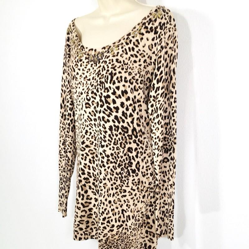Vertigo Paris Sz XL Long Tunic Leopard Sweater Embellished Crystals Stretch Knit