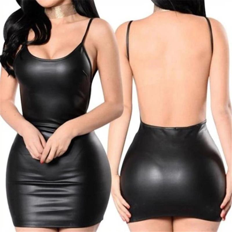 Vestido Corto Sexy De Piel Sintética Con Espalda Descubierta De Fiesta Ajustado